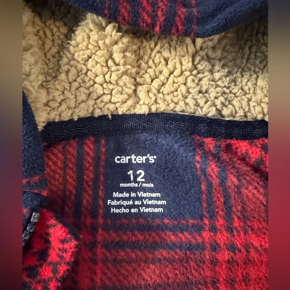 Carter's - Infant Red and Blue Plaid Hooded Pram Suit Romper, Fleece Cozy 12M